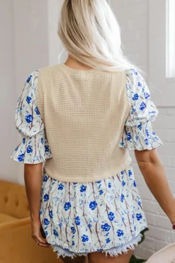 Online Dear-Lover Waffle Floral Patchwork Short Flounce Sleeve Peplum Blouse Beige
