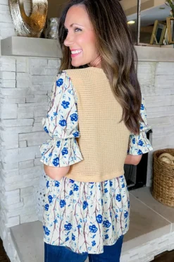 Online Dear-Lover Waffle Floral Patchwork Short Flounce Sleeve Peplum Blouse Beige