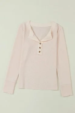 Fashion Dear-Lover Waffle Knit Textured Henley Top Beige