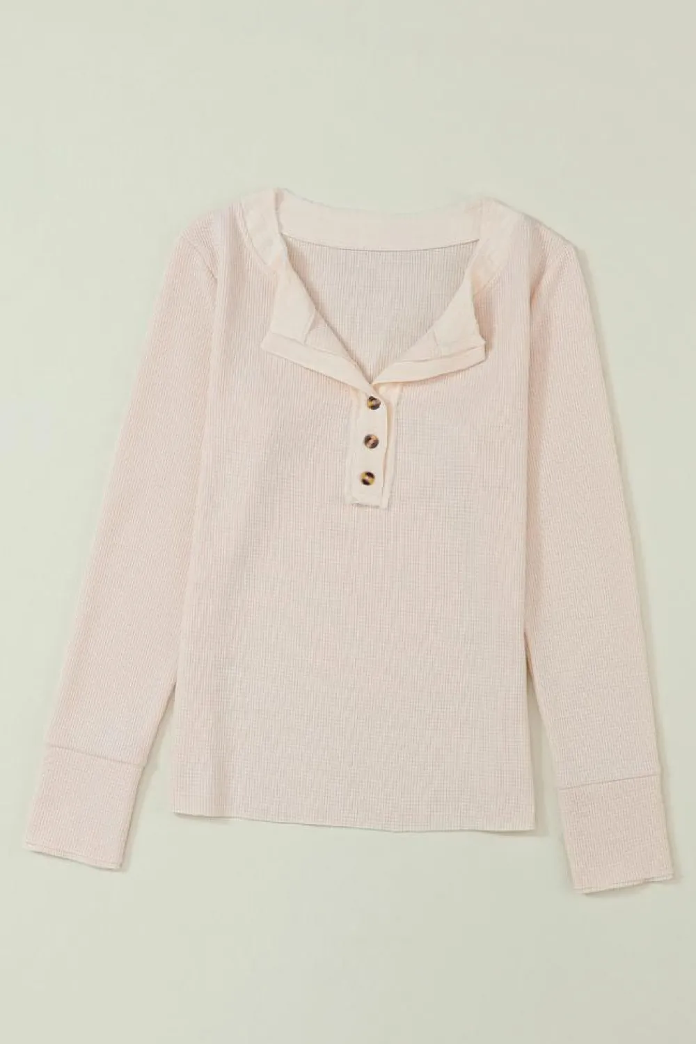 Fashion Dear-Lover Waffle Knit Textured Henley Top Beige