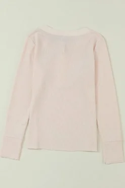Fashion Dear-Lover Waffle Knit Textured Henley Top Beige