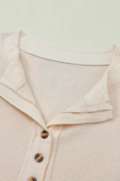Fashion Dear-Lover Waffle Knit Textured Henley Top Beige