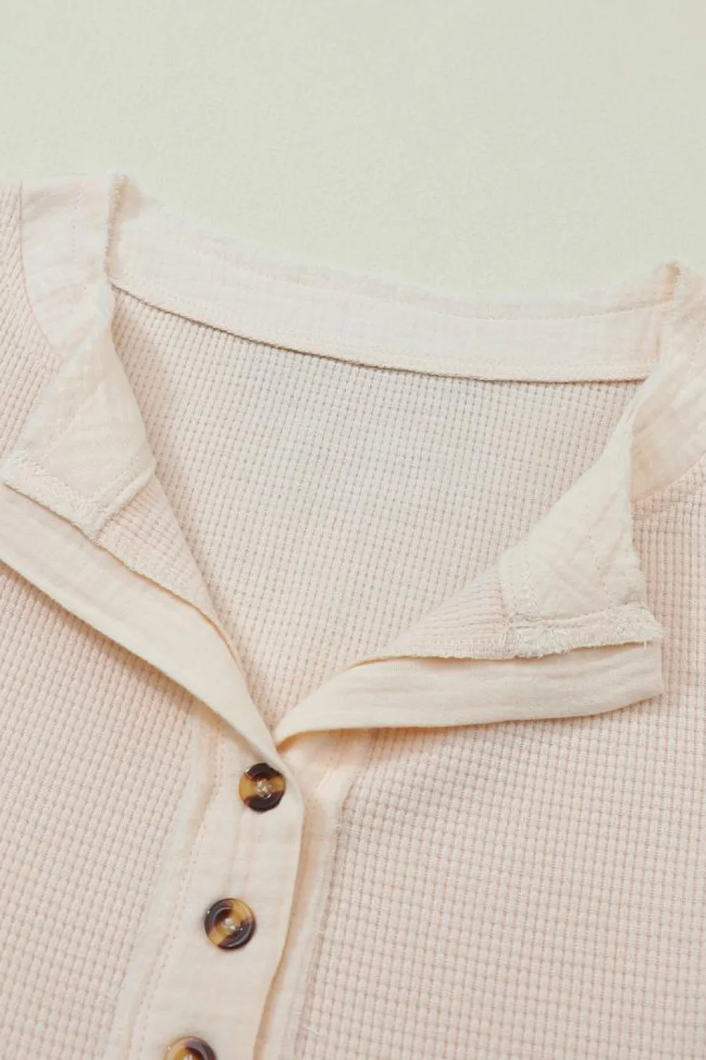 Fashion Dear-Lover Waffle Knit Textured Henley Top Beige