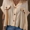 Clearance Dear-Lover Waffle Splicing Short Batwing Sleeve Flap Detail Shirt Beige