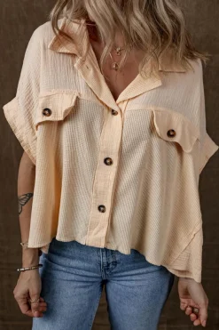 Clearance Dear-Lover Waffle Splicing Short Batwing Sleeve Flap Detail Shirt Beige