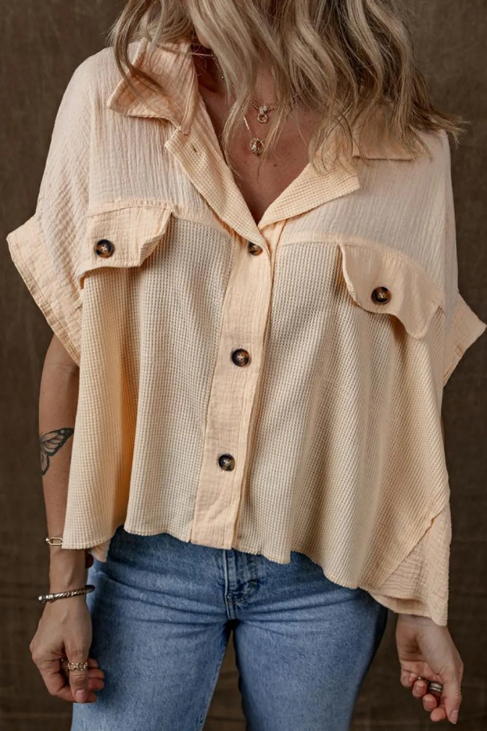 Clearance Dear-Lover Waffle Splicing Short Batwing Sleeve Flap Detail Shirt Beige