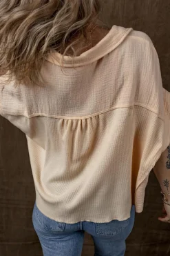 Clearance Dear-Lover Waffle Splicing Short Batwing Sleeve Flap Detail Shirt Beige