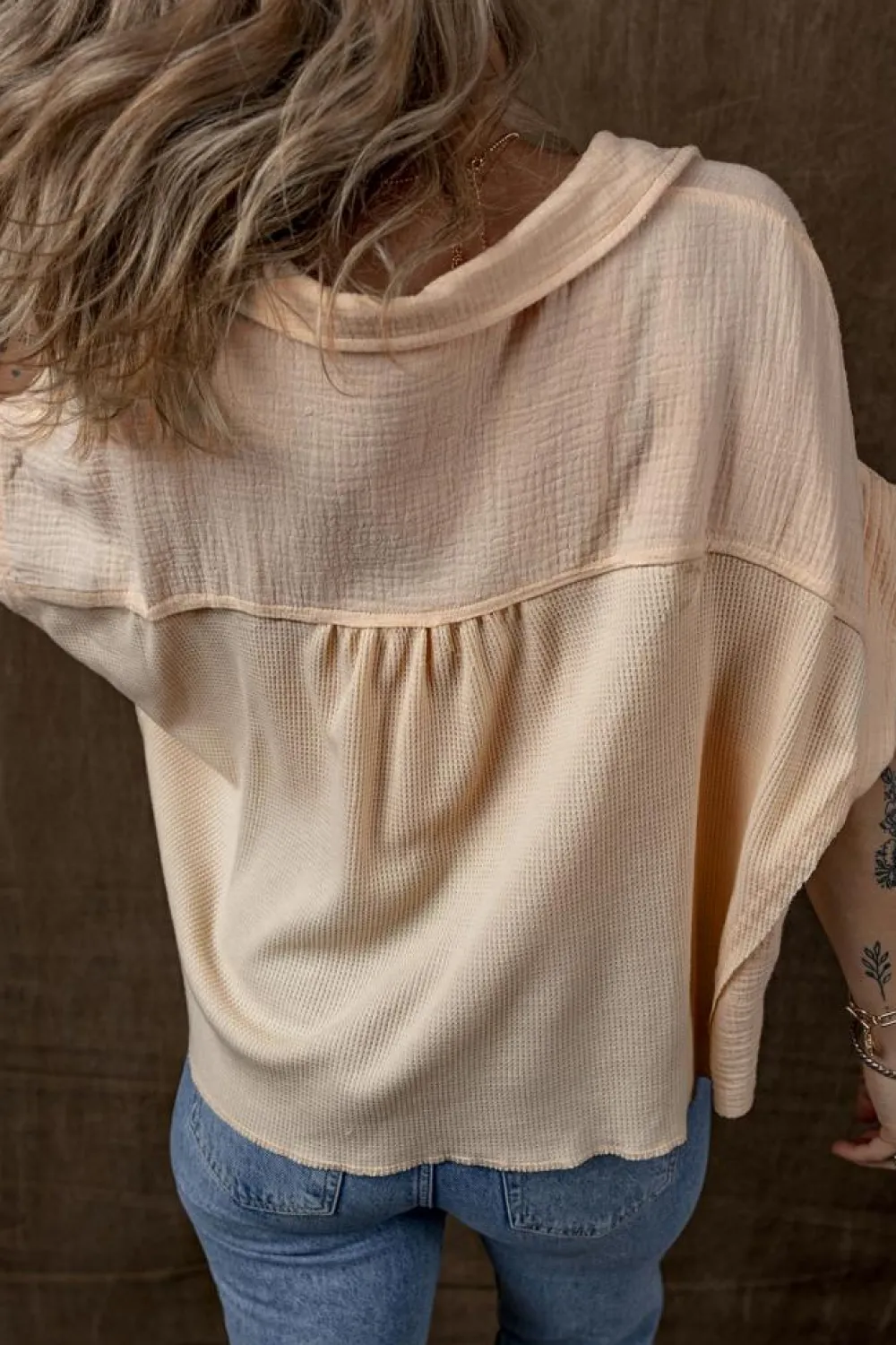 Clearance Dear-Lover Waffle Splicing Short Batwing Sleeve Flap Detail Shirt Beige
