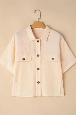 Clearance Dear-Lover Waffle Splicing Short Batwing Sleeve Flap Detail Shirt Beige