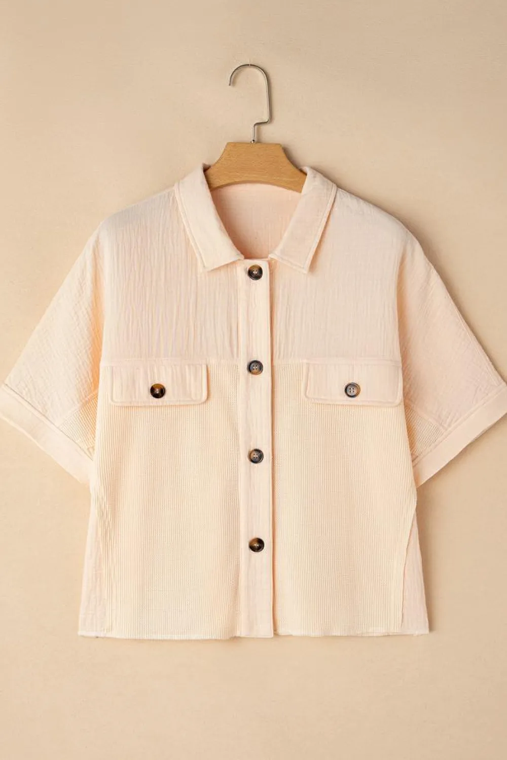 Clearance Dear-Lover Waffle Splicing Short Batwing Sleeve Flap Detail Shirt Beige