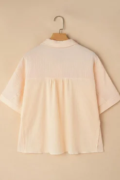 Clearance Dear-Lover Waffle Splicing Short Batwing Sleeve Flap Detail Shirt Beige