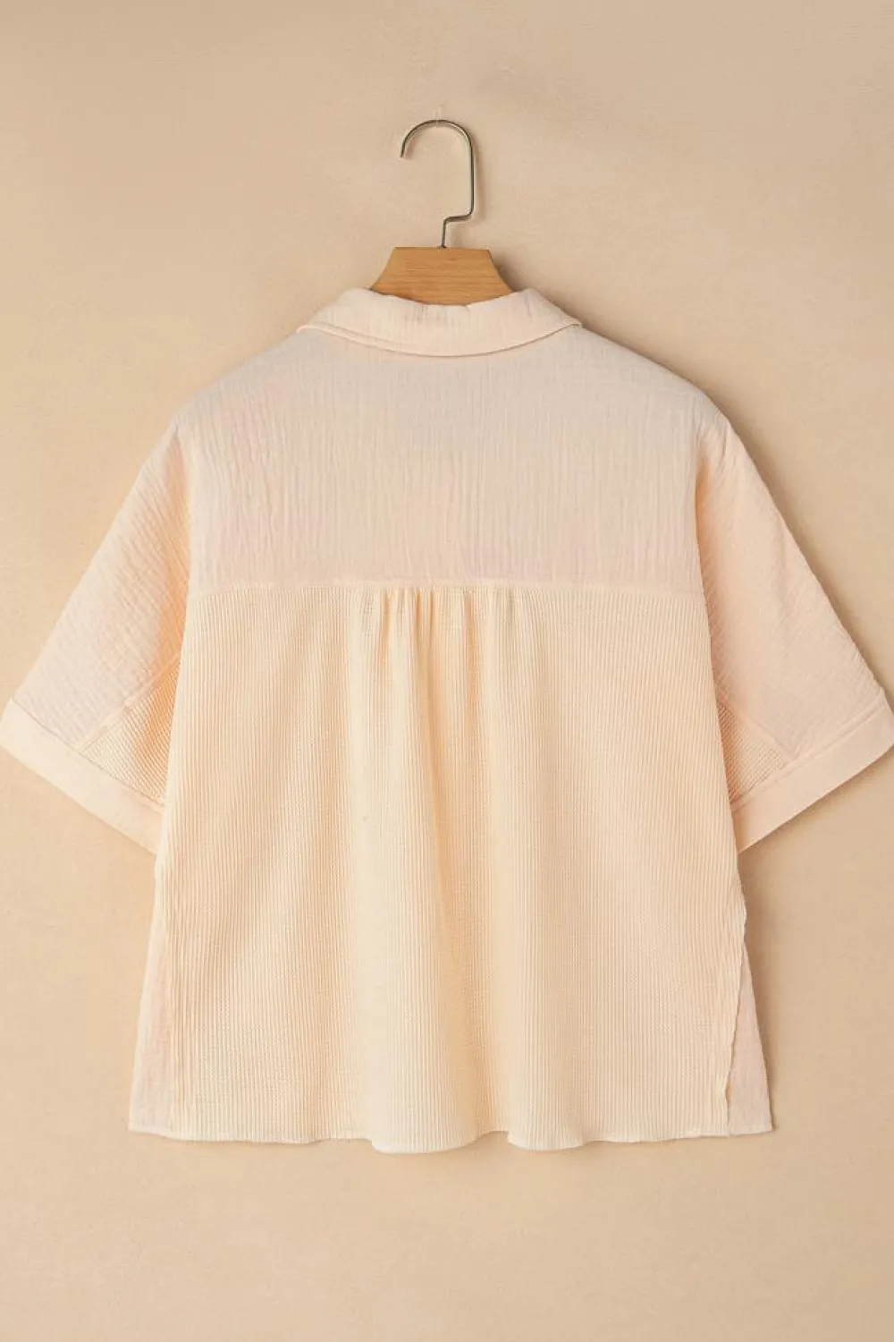 Clearance Dear-Lover Waffle Splicing Short Batwing Sleeve Flap Detail Shirt Beige