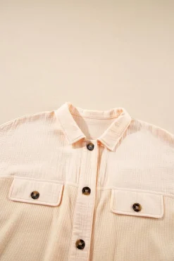 Clearance Dear-Lover Waffle Splicing Short Batwing Sleeve Flap Detail Shirt Beige