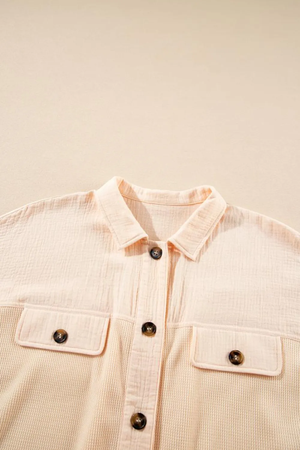 Clearance Dear-Lover Waffle Splicing Short Batwing Sleeve Flap Detail Shirt Beige