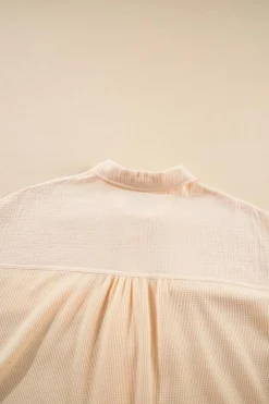 Clearance Dear-Lover Waffle Splicing Short Batwing Sleeve Flap Detail Shirt Beige