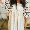 Best Dear-Lover Western Aztec Print Pleated Square Neck Loose Mini Dress Beige