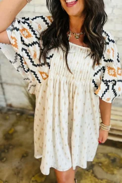 Best Dear-Lover Western Aztec Print Pleated Square Neck Loose Mini Dress Beige