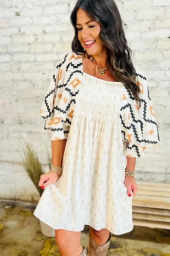 Best Dear-Lover Western Aztec Print Pleated Square Neck Loose Mini Dress Beige