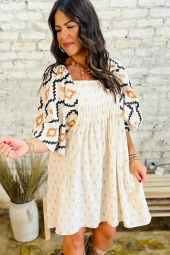 Best Dear-Lover Western Aztec Print Pleated Square Neck Loose Mini Dress Beige