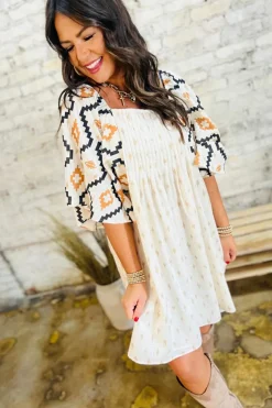 Best Dear-Lover Western Aztec Print Pleated Square Neck Loose Mini Dress Beige