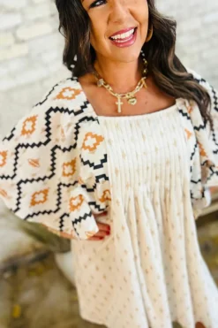 Best Dear-Lover Western Aztec Print Pleated Square Neck Loose Mini Dress Beige