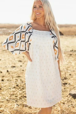 Best Dear-Lover Western Aztec Print Pleated Square Neck Loose Mini Dress Beige