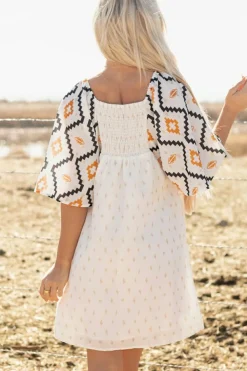 Best Dear-Lover Western Aztec Print Pleated Square Neck Loose Mini Dress Beige