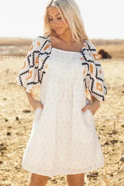Best Dear-Lover Western Aztec Print Pleated Square Neck Loose Mini Dress Beige
