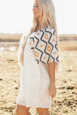 Best Dear-Lover Western Aztec Print Pleated Square Neck Loose Mini Dress Beige