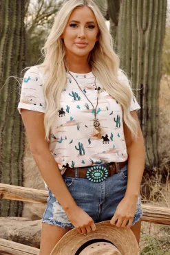 Hot Dear-Lover Western Cactus Print Crew Neck Short Sleeve Top Beige
