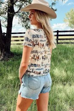Outlet Dear-Lover Western Fashion Mustang River Printed Mesh T Shirt Beige