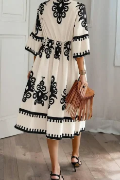 Fashion Dear-Lover Western Geometric Print 3/4 Sleeve Loose Midi Dress Beige
