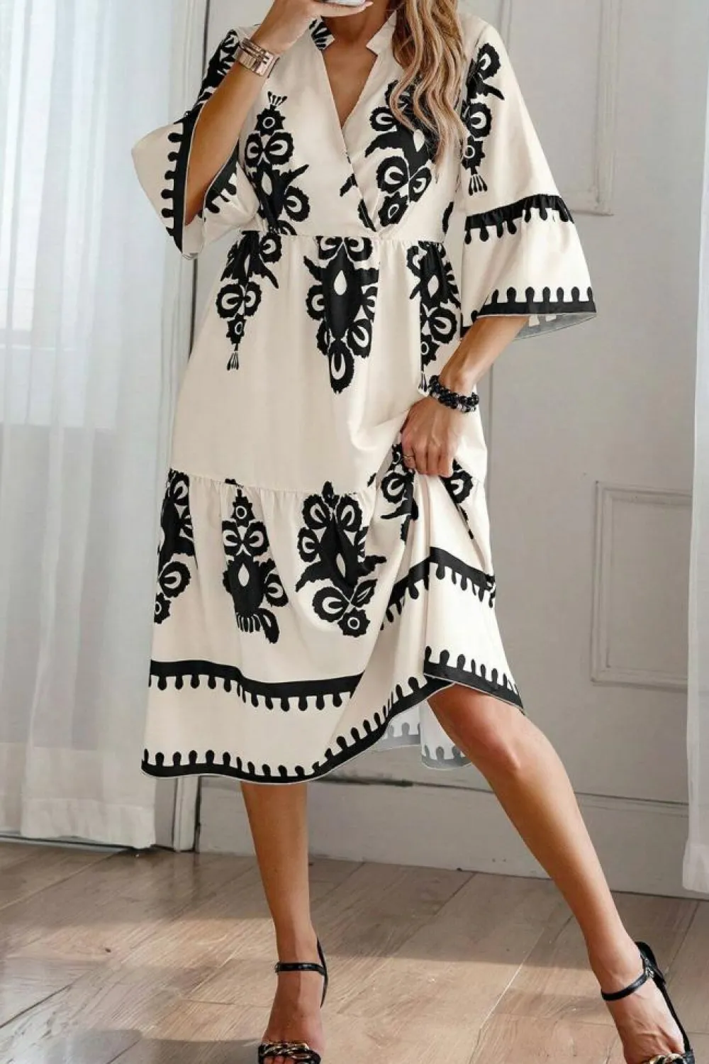 Fashion Dear-Lover Western Geometric Print 3/4 Sleeve Loose Midi Dress Beige