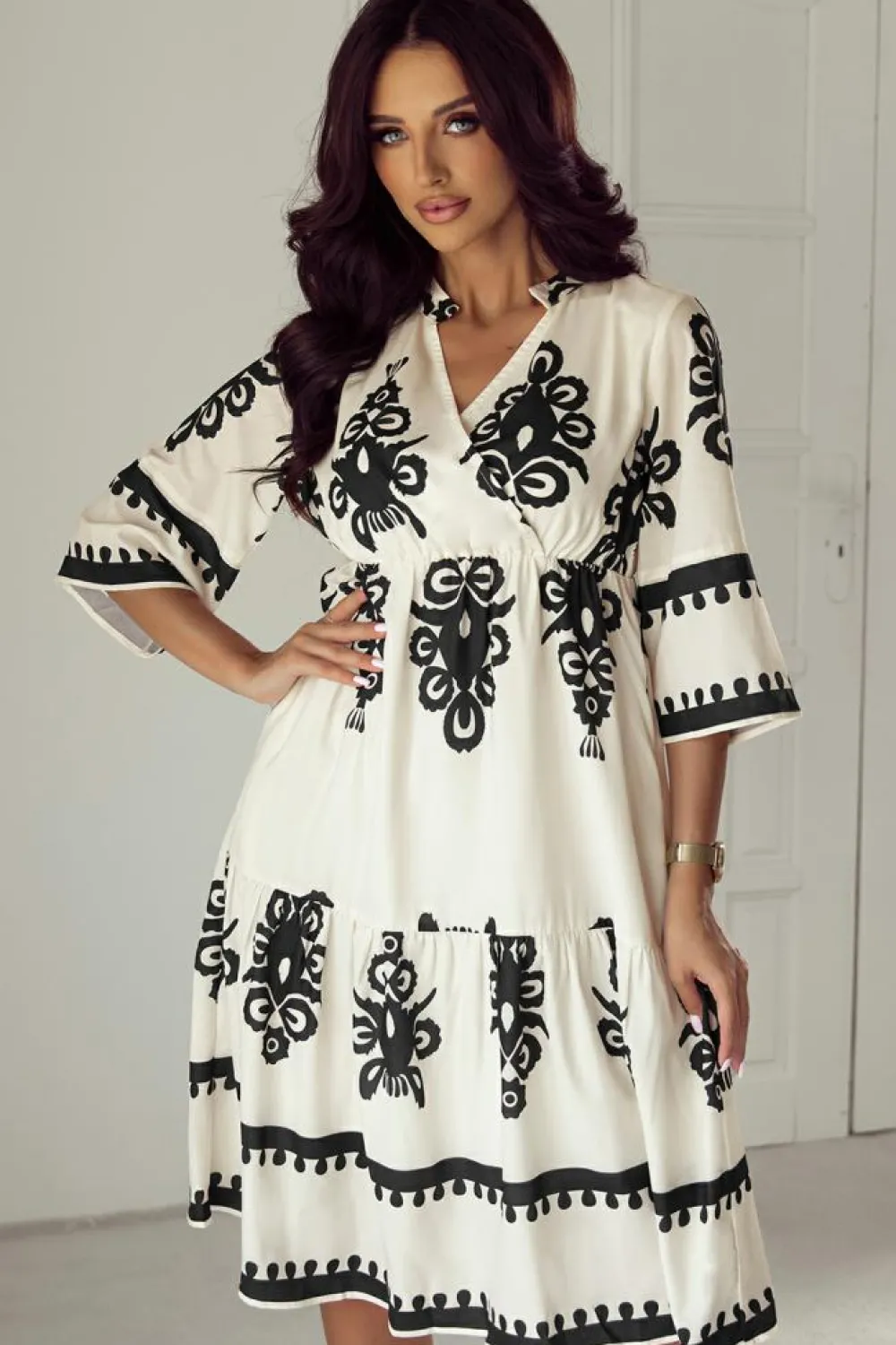 Fashion Dear-Lover Western Geometric Print 3/4 Sleeve Loose Midi Dress Beige