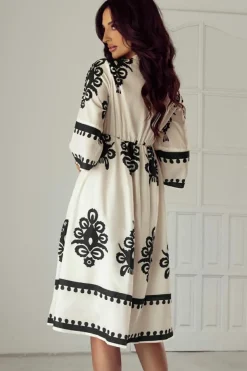 Fashion Dear-Lover Western Geometric Print 3/4 Sleeve Loose Midi Dress Beige