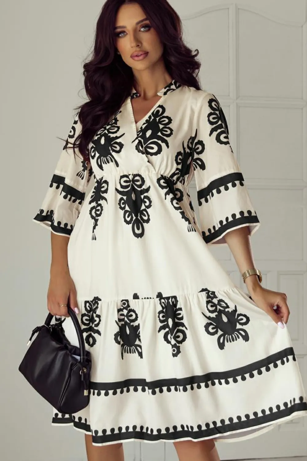 Fashion Dear-Lover Western Geometric Print 3/4 Sleeve Loose Midi Dress Beige