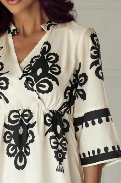 Fashion Dear-Lover Western Geometric Print 3/4 Sleeve Loose Midi Dress Beige