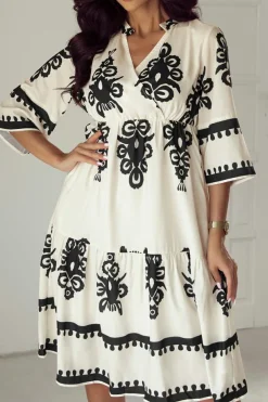 Fashion Dear-Lover Western Geometric Print 3/4 Sleeve Loose Midi Dress Beige