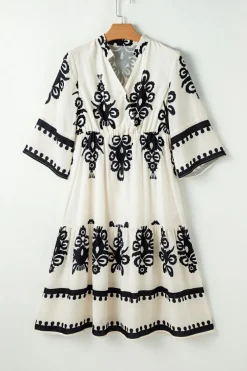 Fashion Dear-Lover Western Geometric Print 3/4 Sleeve Loose Midi Dress Beige