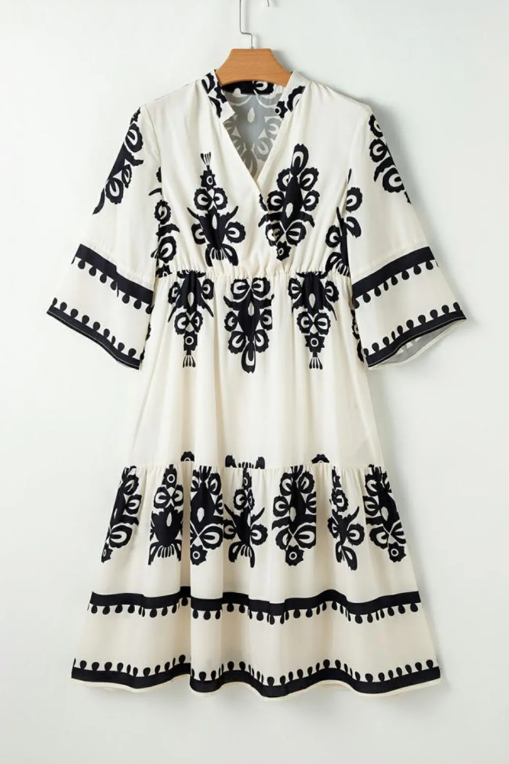 Fashion Dear-Lover Western Geometric Print 3/4 Sleeve Loose Midi Dress Beige