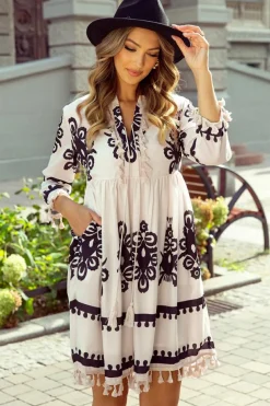 Hot Dear-Lover Western Pattern Print Tasseled Notch V Neck Mini Dress Beige