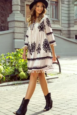 Hot Dear-Lover Western Pattern Print Tasseled Notch V Neck Mini Dress Beige