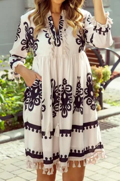 Hot Dear-Lover Western Pattern Print Tasseled Notch V Neck Mini Dress Beige