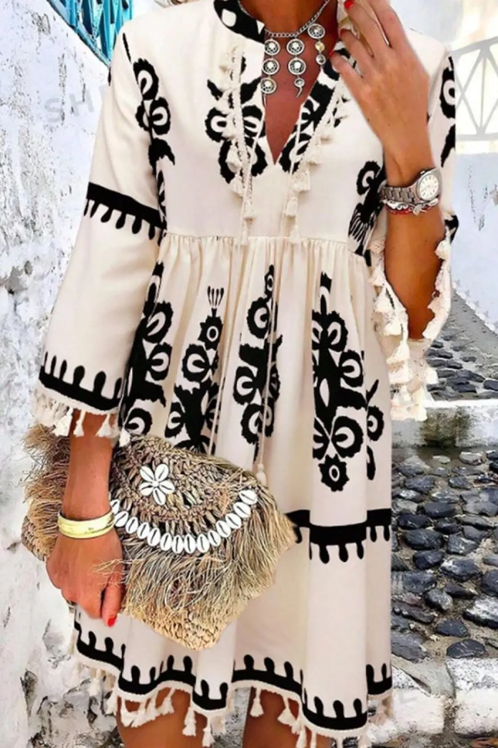 Hot Dear-Lover Western Pattern Print Tasseled Notch V Neck Mini Dress Beige