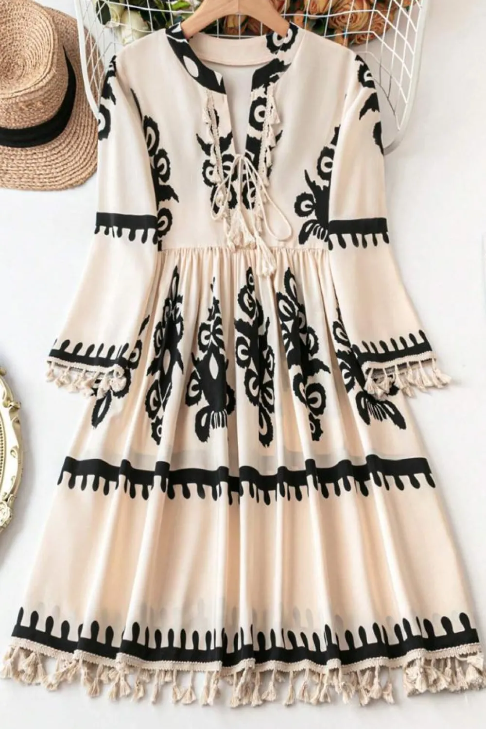 Hot Dear-Lover Western Pattern Print Tasseled Notch V Neck Mini Dress Beige