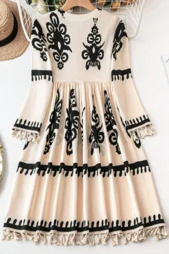 Hot Dear-Lover Western Pattern Print Tasseled Notch V Neck Mini Dress Beige