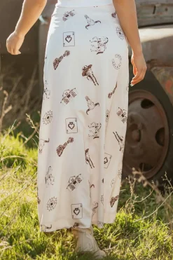 Outlet Dear-Lover Western Print Satin Long Skirt Beige