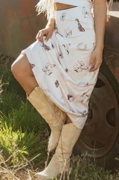Outlet Dear-Lover Western Print Satin Long Skirt Beige
