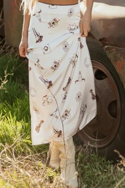 Outlet Dear-Lover Western Print Satin Long Skirt Beige