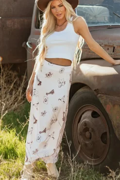 Outlet Dear-Lover Western Print Satin Long Skirt Beige